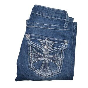 MUDD Flare Leg Jeans Women's Size 0 25R Dark Wash Embroidered Pockets VTG 90s